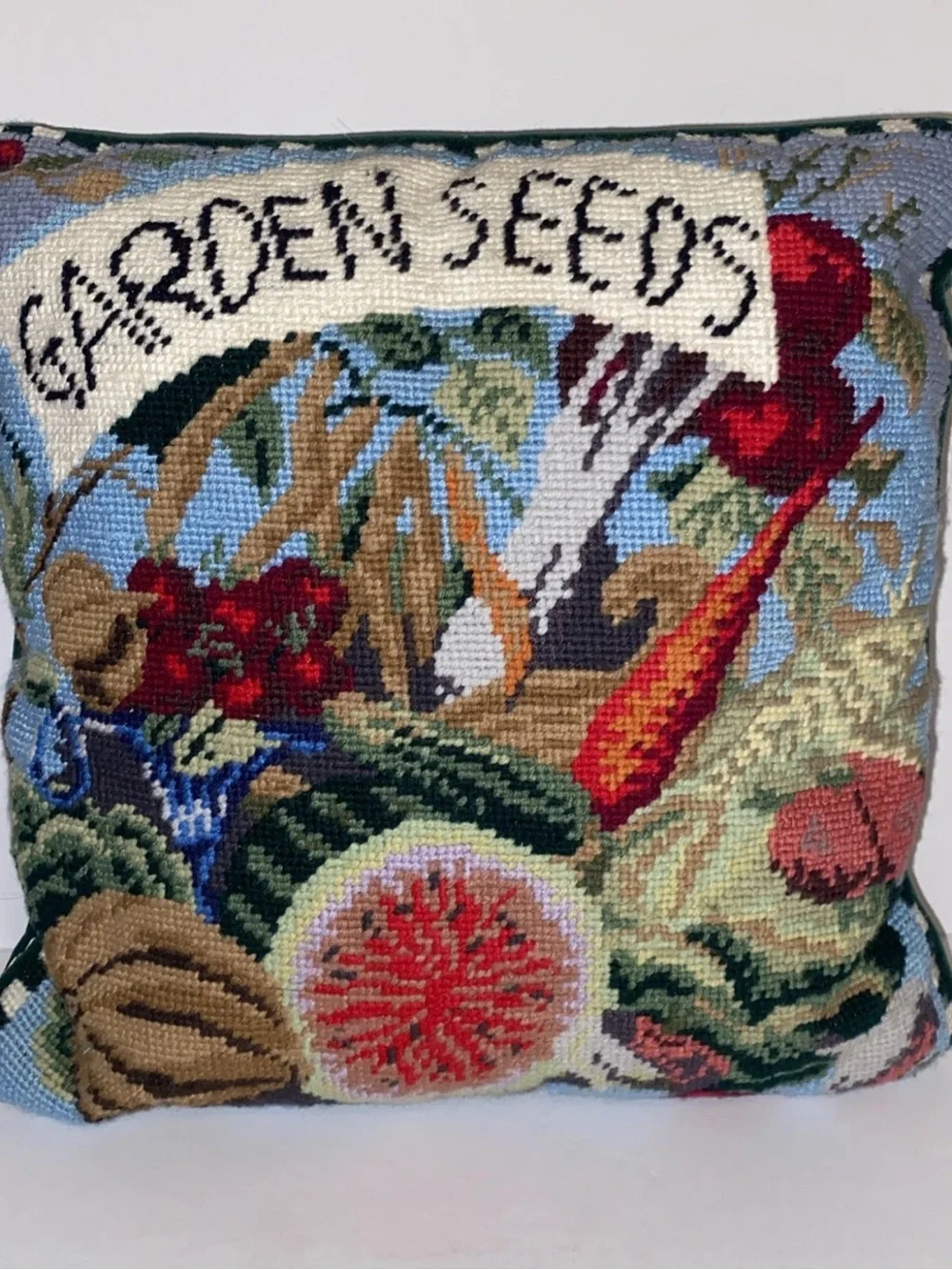 Vintage Needlepoint Pillow Garden Seeds Vegetables Accent Pillow 12” X 12”